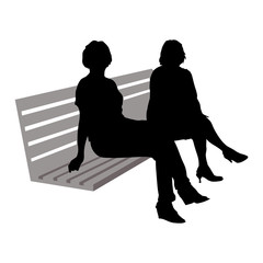 Black Silhouettes of two young women sitting on a bench in summer isolated on white background