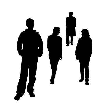 A group of strolling people in full height of different ages. A young elderly woman in pants and a raincoat girl a teenager in a jacket and jeans young lady in sportswear silhouettes isolated on white