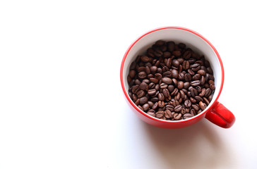 coffee bean in Red cup Flat lay,Top view with copy space
