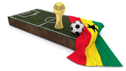 3D Soccer ball and trophy on grass patch with flag