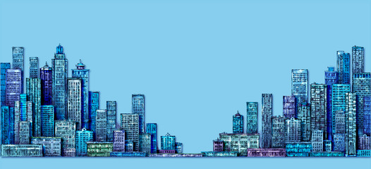 Hand drawn background with big city. Illustration with architecture, skyscrapers, megapolis, buildings, downtown.