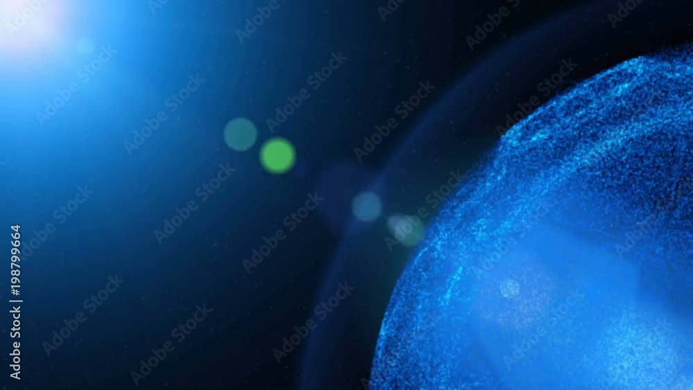 Poster Blue Hi Technology Scifi Particle Rotating Sphere On Space Background. Motion Graphic Cyan Flicker Sun Flare Idea Concept Design.