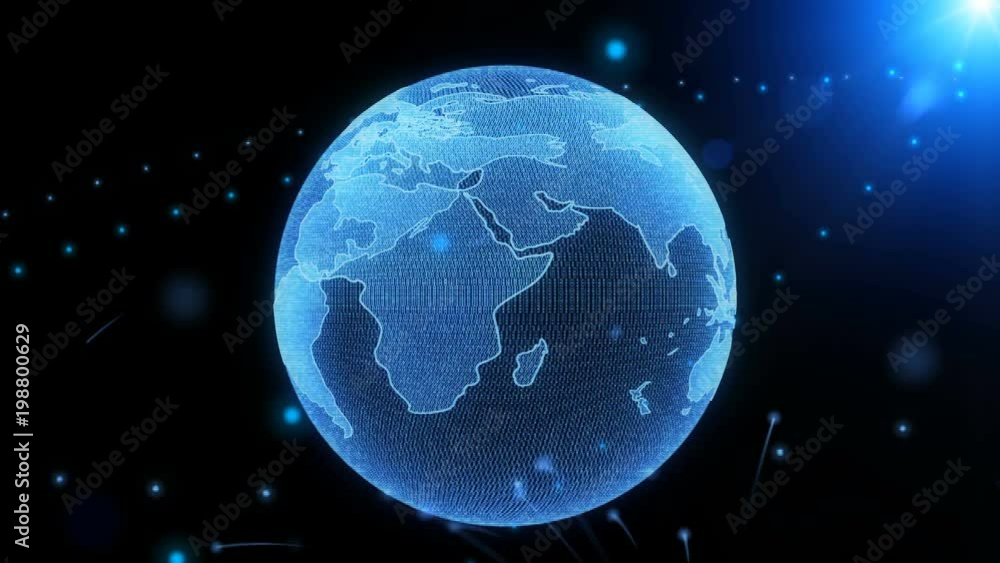 Poster Earth Rotating Hi Technology Scifi Graphic Animation. Abstract Virtual Futuristic Motion Spin Particle Layer Globe In Galaxy Space With Blue Sun Flare Future Communication Idea Concept Design.