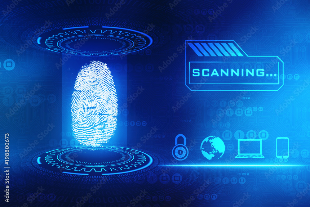 Aufkleber security concept: fingerprint scanning on digital screen. cyber security concept. 3d render