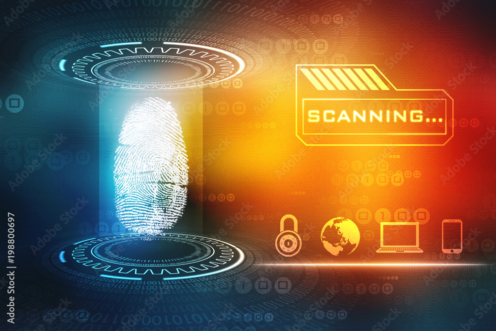 Aufkleber security concept: fingerprint scanning on digital screen. cyber security concept. 3d render