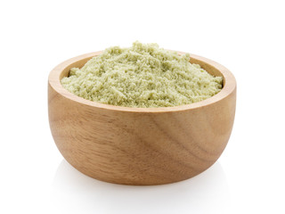 whey protein in a wood bowl on a white background.