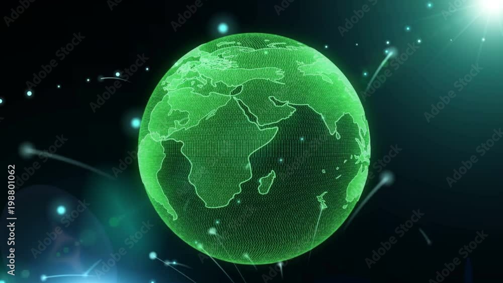 Poster Earth Rotating Hi Technology Scifi Graphic Animation. Abstract Virtual Futuristic Motion Spin Particle Layer Globe In Galaxy Space With Green Sun Flare Future Communication Idea Concept Design.