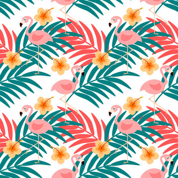 Flamingo and summer flower seamless pattern vector. Colorful summer concept.