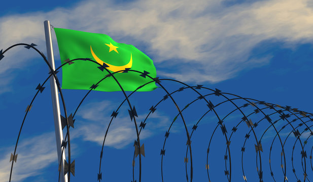 3D illustration of a Mauritanian flag waving on a flagpole with razor wire in the foreground; depicting security and barriers between nations. 
