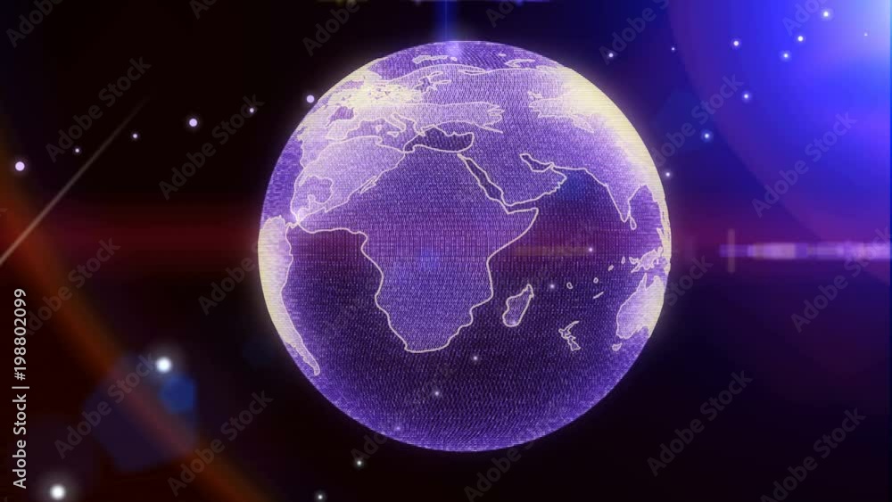 Poster Earth Rotating Hi Technology Scifi Graphic Animation. Abstract Virtual Futuristic Motion Spin Particle Layer Globe In Galaxy Space With Purple Sun Flare Future Communication Idea Concept Design.