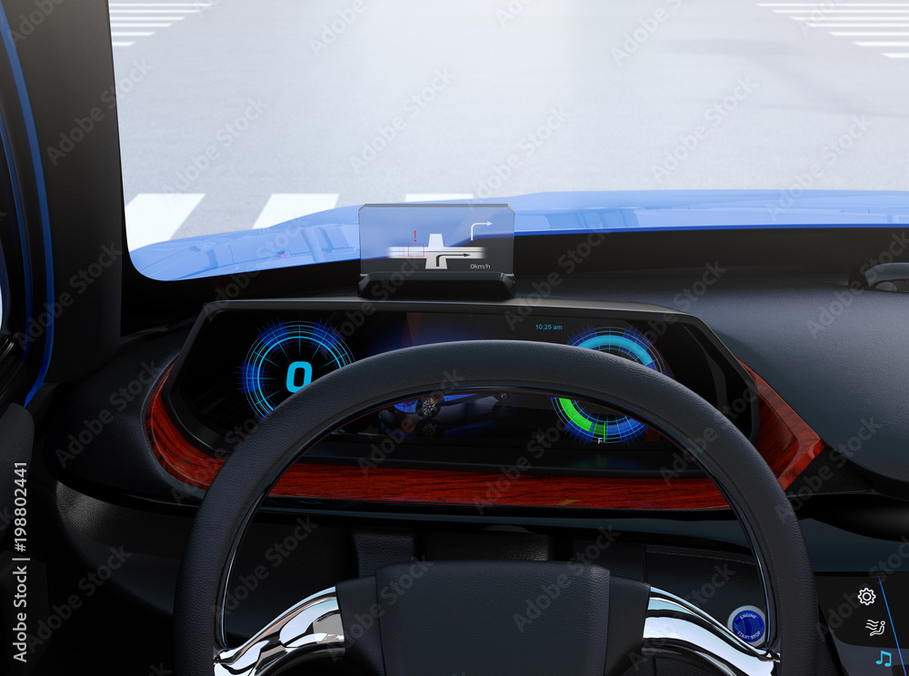 Aufkleber closeup view of digital speedometer with hud on wooden tray. electric car's dashboard concept. 3d re