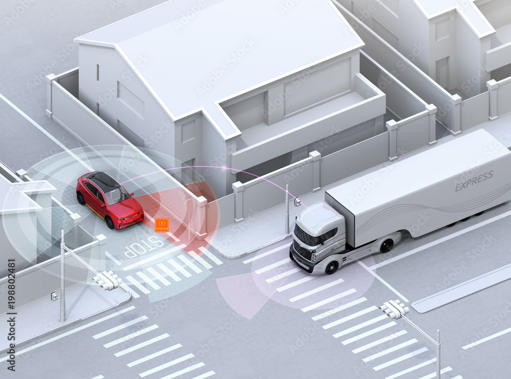Poster red suv in one-way street detected vehicle in the blind spot. connected car concept. 3d rendering im