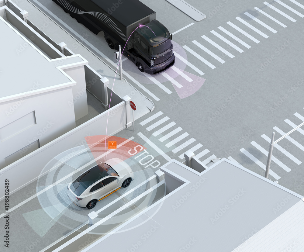 Poster white suv in one-way street detected vehicle in the blind spot. connected car concept. 3d rendering 