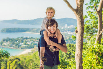 Father and son on Karon View Point in sunny day. Phuket