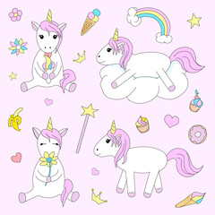 Set of cute unicorn on pink background. A collection of design elements for a little girl. Hand drawing of unicorns in cartoon style. Vector illustration.