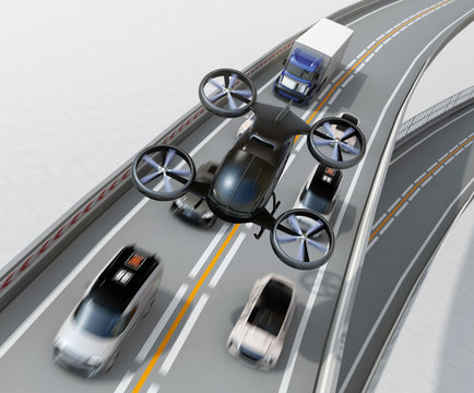Front view of black passenger drone flying over cars in heavy traffic jam. Concept for drone taxi. 3D rendering image.