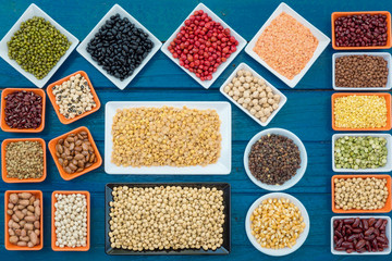 Top view multicolour legumes in container, Prepared different dried bean organic for cooking, Various colourful for healthy lifestyle 