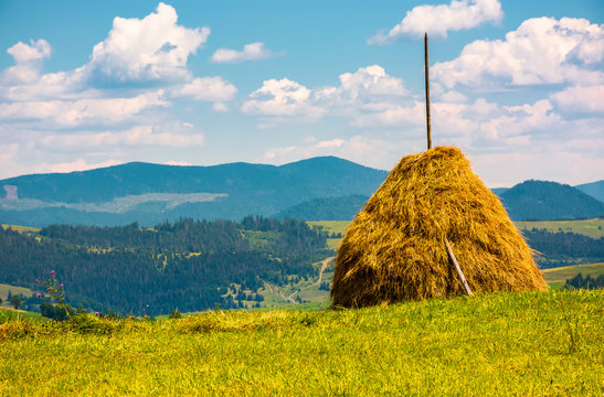 haystack on a grassy field on top of a hill