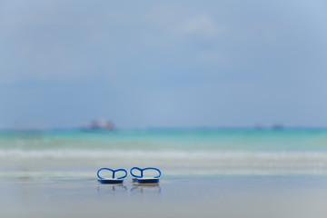 Fototapeta na wymiar Flip Flops on a Sandy Beach on Summer Vacation.