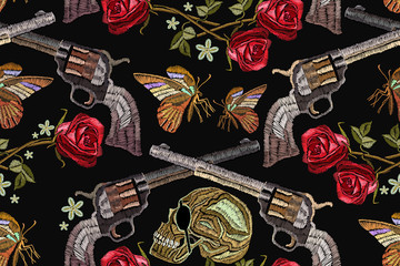Embroidery skull, crossed guns, butterfly and roses seamless pattern. Template for clothes, textiles, t-shirt design. Criminal embroidery, pirates and revolvers pattern