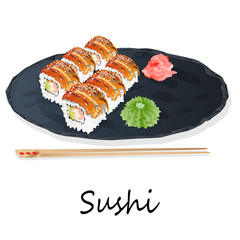 Illustration of roll sushi with salmon, prawn, avocado, cream cheese. Sushi menu. Japanese food isolated.