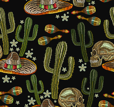 Embroidery mexican culture seamless pattern art. Clothes template, t-shirt design. Human skull and maracas, cactus. Classical ethnic embroidery skull, day of the dead pattern