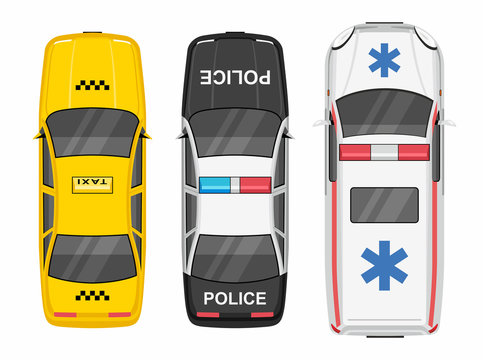 Top View Police, Ambulance Car And Taxi 