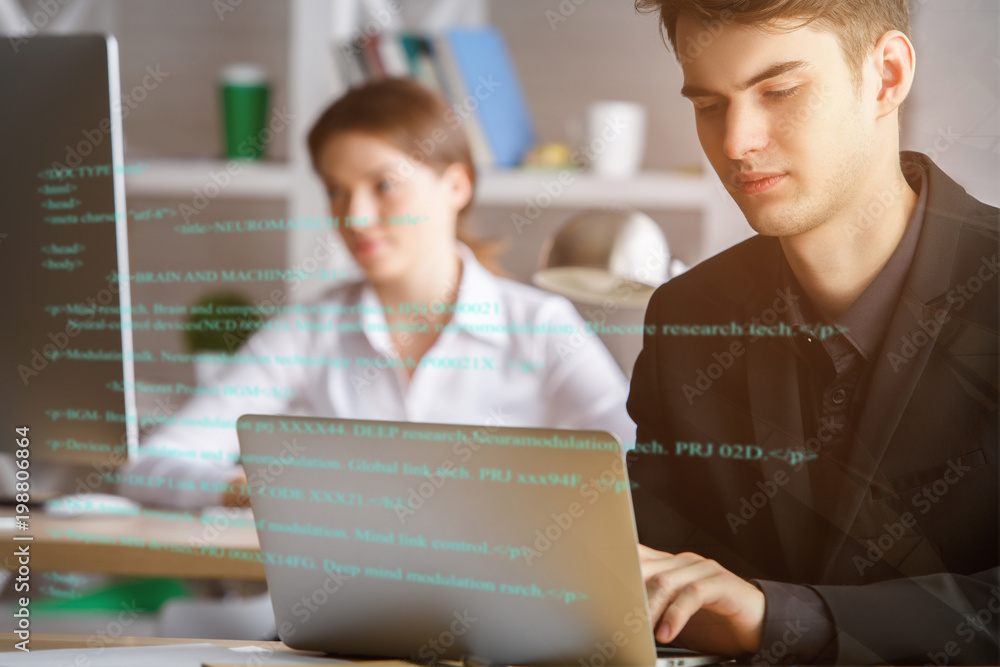 Aufkleber Man using laptop with html code