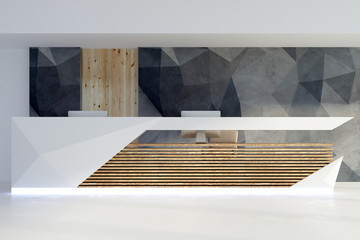 Illuminated reception desk in contemporary interior front