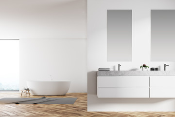 Fototapeta na wymiar Panoramic white bathroom, double sink close up
