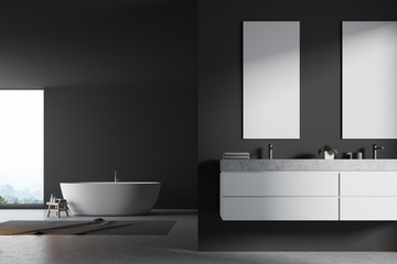 Fototapeta na wymiar Panoramic gray bathroom, double sink close up