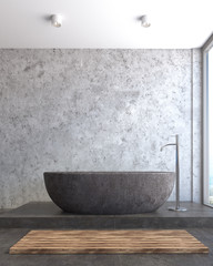 Close up of a gray bathtub, concrete bathroom