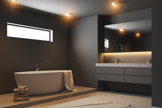 Dark gray bathroom corner, white tub, wood