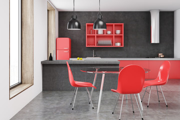 Red chair kitchen interior, black wall