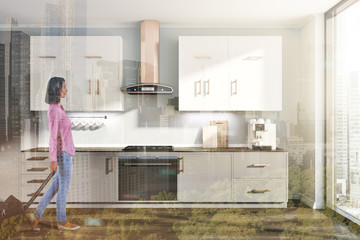 Gray kitchen interior, white gray counters toned