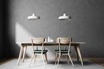 Concrete dining room interior, wooden chairs