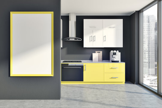 Gray wall kitchen, yellow counters, poster