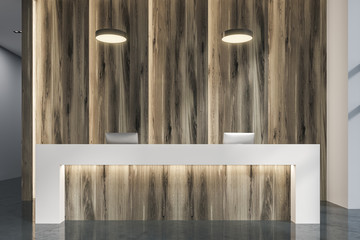 Wooden reception in a modern office close up