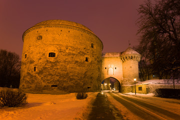 Fat Margarita Tower and Big Sea gate of the old city in the early morning of March. Tallinn, Estonia