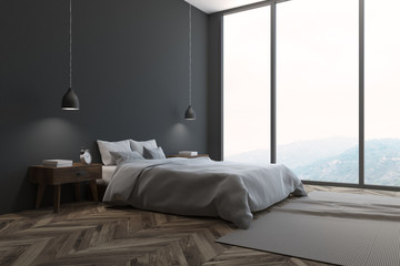 Gray Scandinavian bedroom corner, window