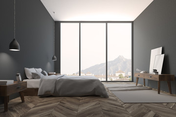 Panoramic gray bedroom interior, side view