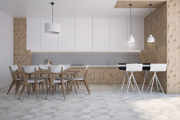 Gray wall pattern kitchen and dining room, bar