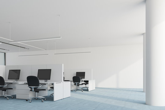 Blue floor open space office corner, columns