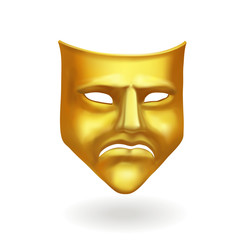 Gold theatrical sad mask. Tragedy icon symbol