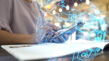 Hand touch screen smart phone, social icons interface on screen, connect to the future concept. - Powered by Adobe