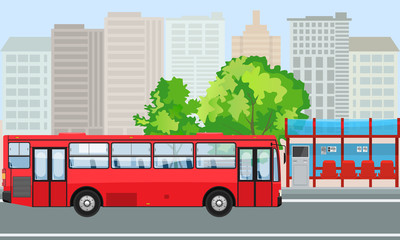 Empty Bus Stop and Bus with City Skyline Flat Design Style.