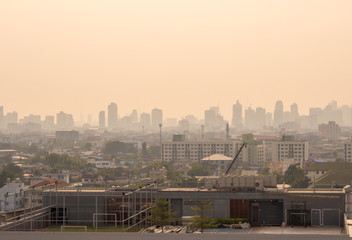 Cityscape urban skyline in the mist or smog. Wide and High view image of Bangkok city in the soft...