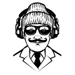 Gentleman with headphones and sun glases.Design element for poster, t shirt, card.