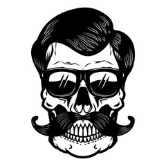 Skull in sun glasses. Design element for poster, t shirt, card.