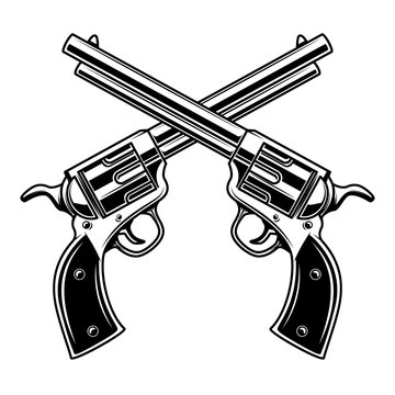 Emblem template with crossed revolvers. Design element for logo, label, emblem, sign.